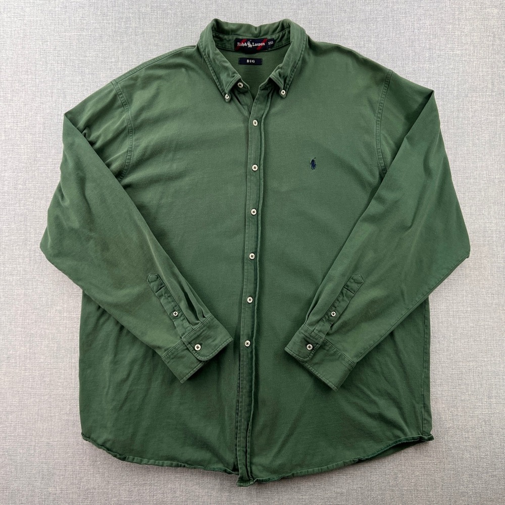 Y2K Ralph Lauren BIG Men XXL Green Long Sleeve Button Down Cotton Shirt Ivy Prep - Picture 2 of 9